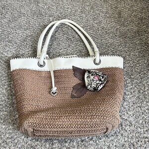 Brighton Large White Leather Trim Woven Rope Tote Shoulder Bag Flower Appliqué